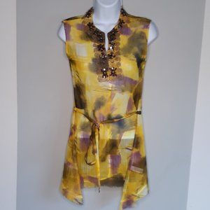 KOMAROV • Small blouse sheer yellow purple beads sleeveless women's